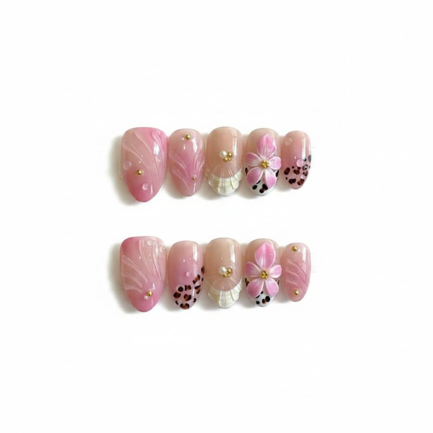 MikaJayboo Handmade Short Press on Nails Almond Shape Pink Gradient Fake Nails with 3D Flower Leopard Print & Gold Foil for Women Glue on Nails for Daily Party Manicure 10Pcs (Size L)