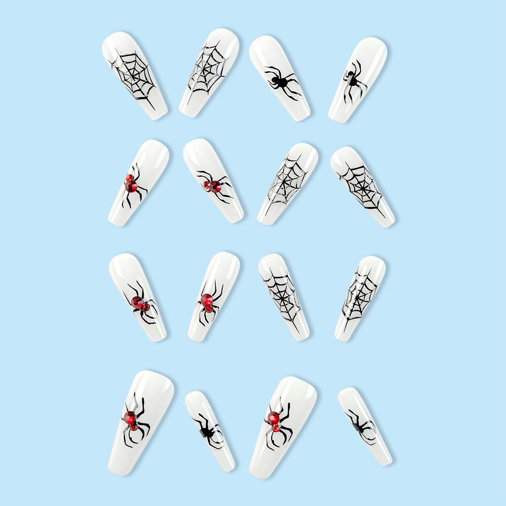 Halloween Press on Nails Long Square Fake Nails White False Nails with Design Spider Web Red Diamond Stick on Nails Coffin Acrylic Press ons for Women Girls Manicure 24 Pcs