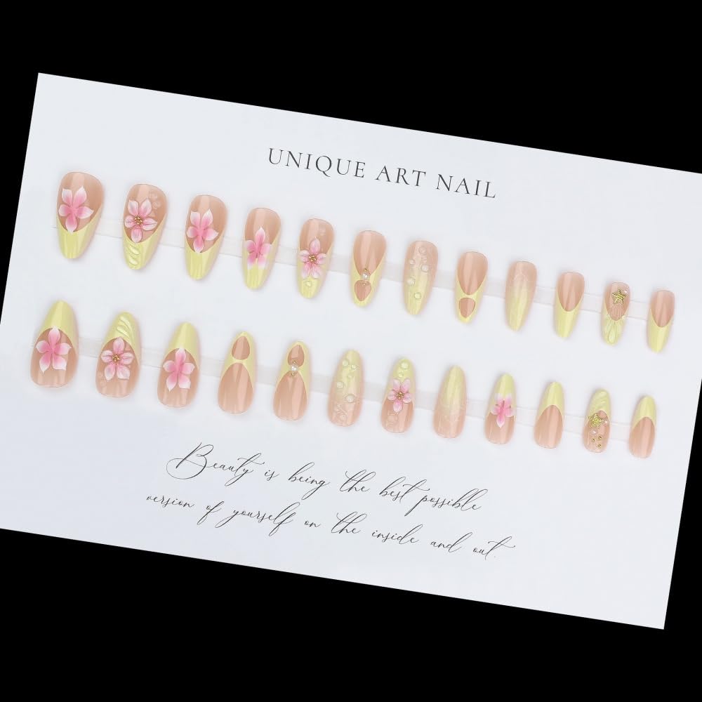 French Tips Press on Nails Medium Almond Fake Nails with 5D Flower Charm Design Glossy Ombre Yellow Nails Press on Reusable Pearl Rhinestones False Nail Spring Summer Nail for Women Manicure 24Pcs