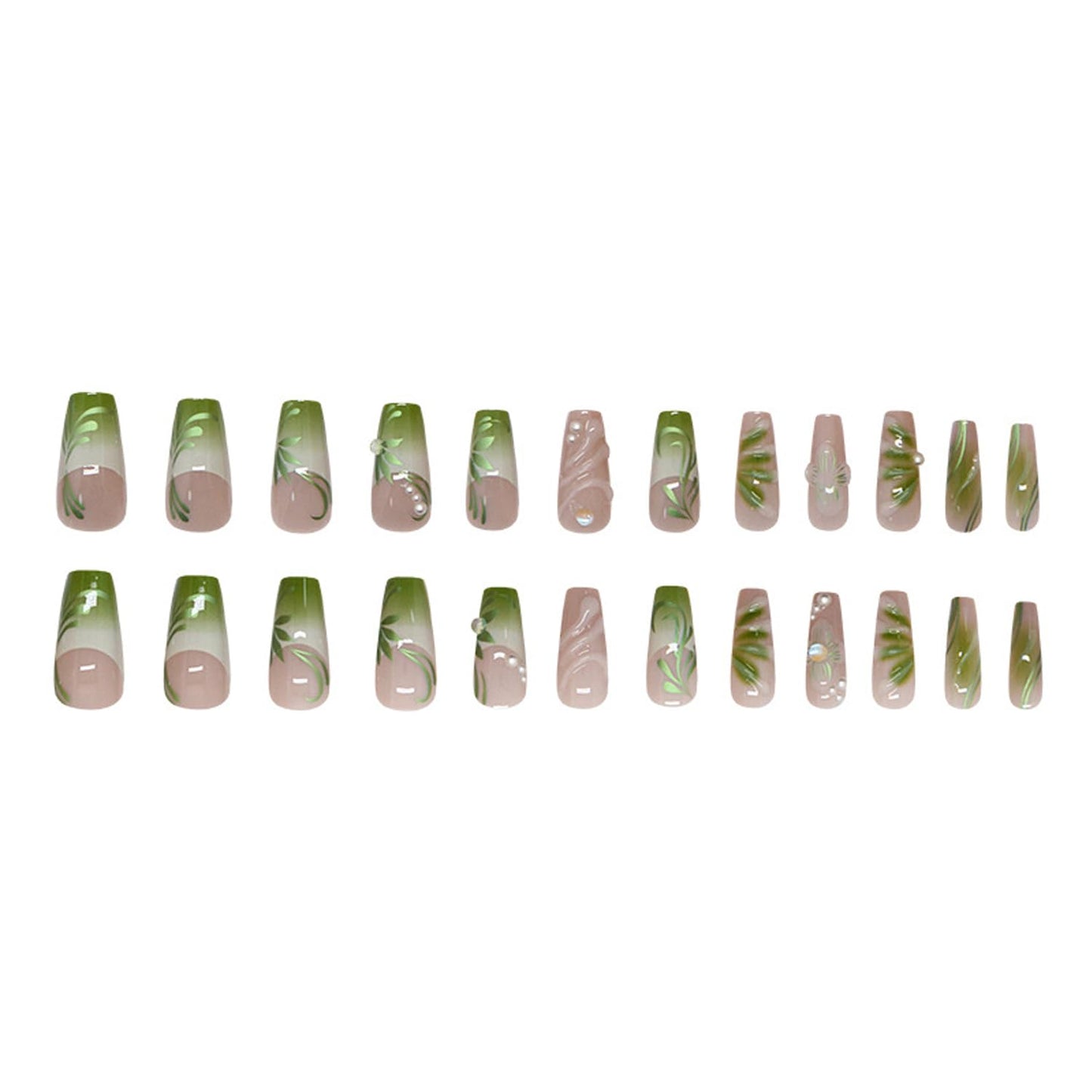 24Pcs Green French Press on Nails with 3D Vine Gradient Pearl Design False Nails French Nails Tips Leaves Floral Press on Handmade Full Cover Glossy Reusable DIY Nails for Women&Girl
