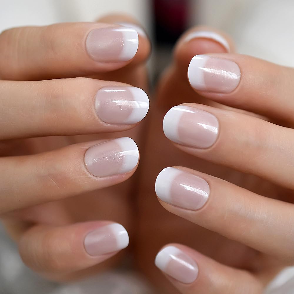 iBeautying Gel Press on Nails - Natural Classic French False Nails | Pink Short Squoval Round Reusable Fake Nails in 10 Sizes - 24 Nail Kit with Jelly Glue Pad