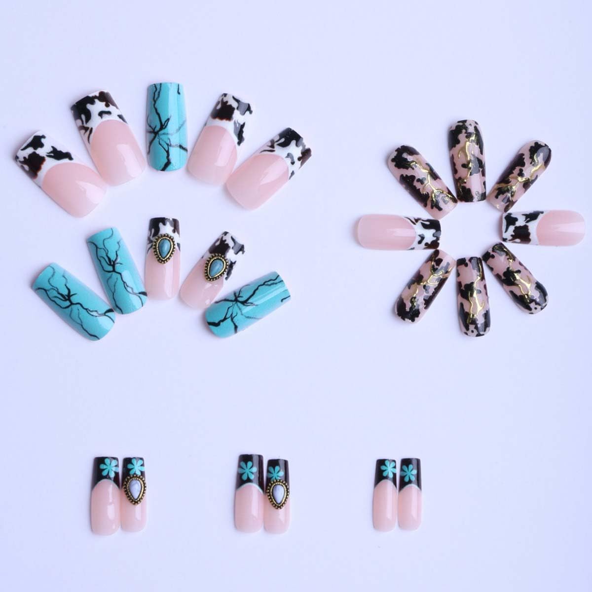 LINMEIZAI 24Pcs French Press on Nails Long Square Blue Marble Fake Nails Press ons Nail Tips, Flower Stick on Nails Acrylic Nails Kit False Nails Retro Gem Design Nail Art for Women Cheerful Manicure