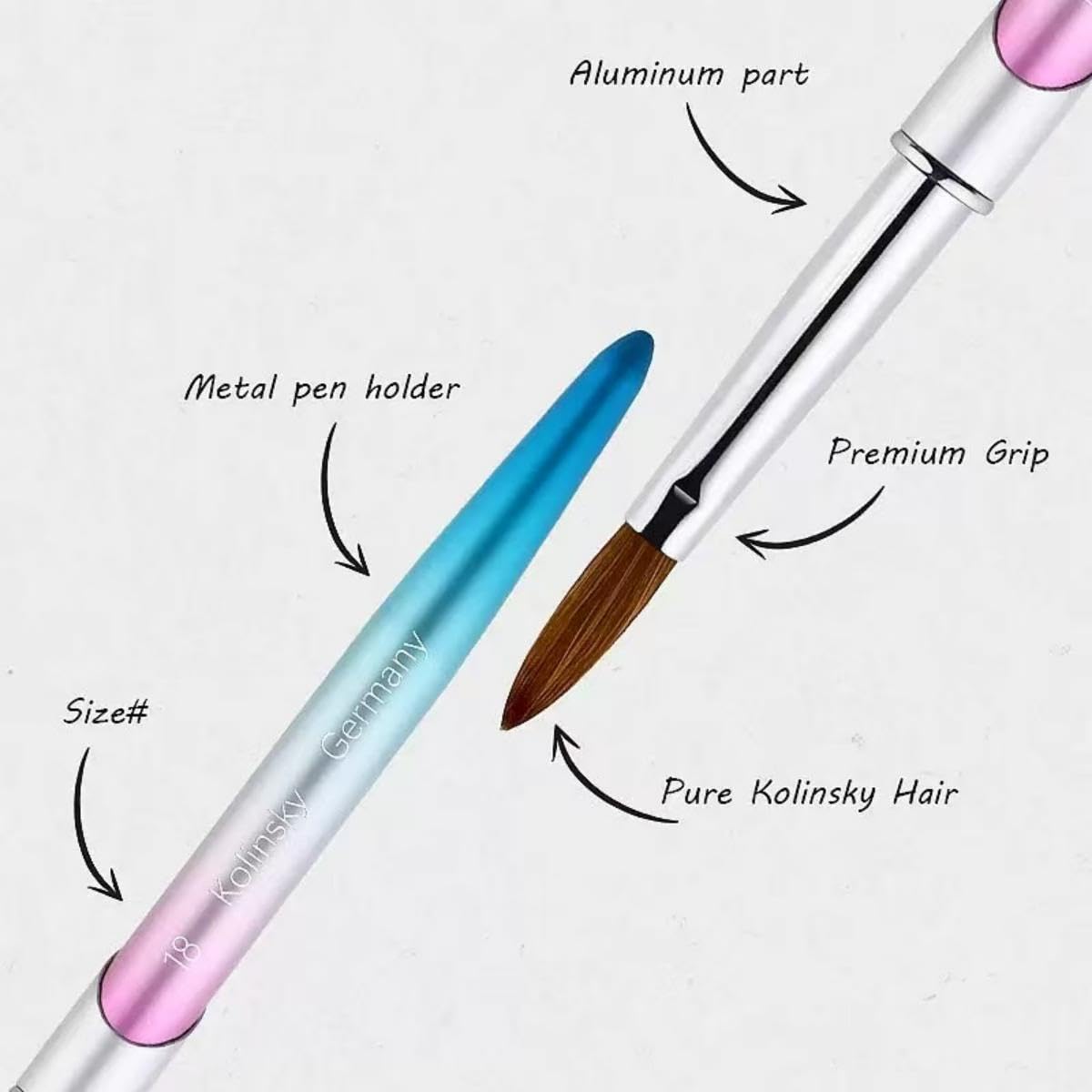 100% Pure Kolinsky Acrylic Nail Brush Size 12, Hair Acrylic Crystal Ombre Silver Blue Pink Handle with Silver Ferrule Round Shaped for Women Girls Manicure Nail Tools Accessories
