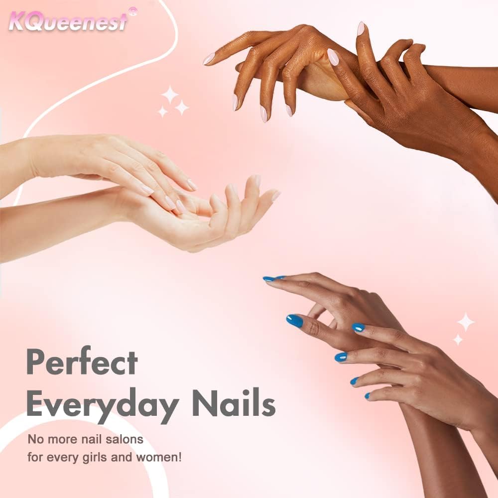 Ombre From Pearly White to Pink Press on Nails Medium Almond Fake Acrylic Nails Set,KQueenest Stiletto Glue on Nails Reusable Gel False Short almond Nails for Girls with UV Coating Manicure in 24 PCS