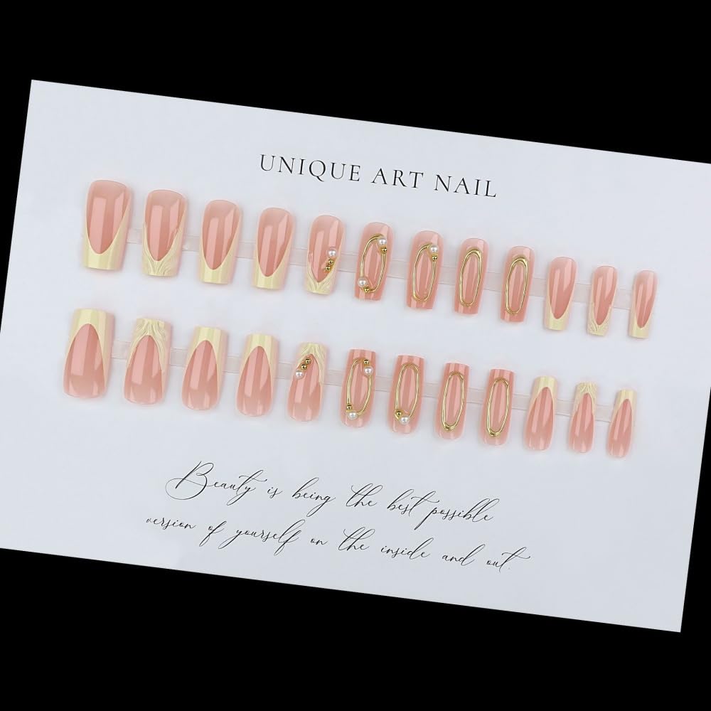 French Tips Press on Nails Medium Square Fake Nails with 5D Gold Lines Charm Design Glossy Pink Yellow Nails Press on Reusable Pearl Rhinestones False Nail Spring Summer Nail for Women Manicure 24Pcs