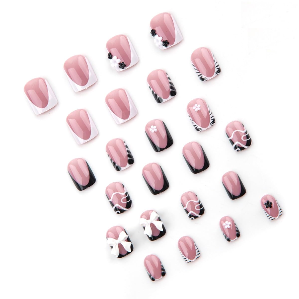 CTTHNBD Press on Nails Short - Square Fake Nails with Bow Floral Charms Design - Zebra Stripes French Tip False Nails - for Women 24 Pcs