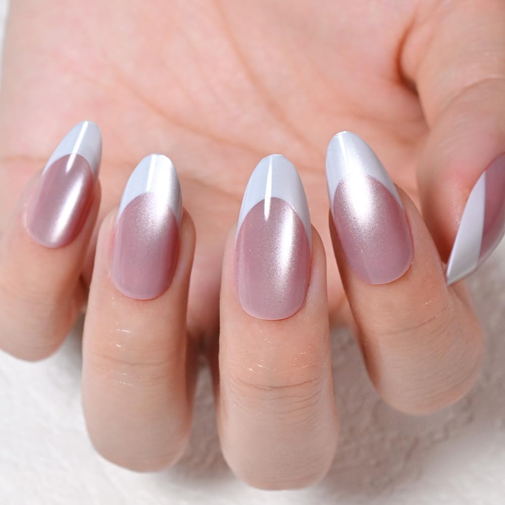 evpct Mauve Cat Eye French Tip Press on Nails Almond Medium No Glue, White French Tip Medium Almond Holographic Stick on Nails for Women, Reusable Full Cover Soft Press on Nail Perfectly with Design