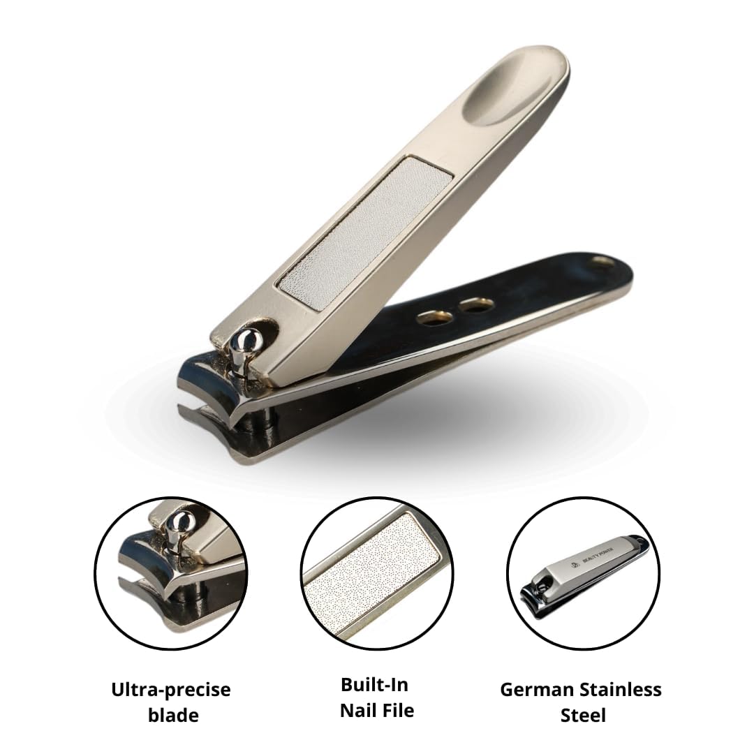 Beauty Power Nail Clippers Set 3 in 1 - Stainless Steel Toe Nail Clippers, Fingernail Clipper, Glass Nail File, Anti Splash, Ergonomic Grip in Brown PU Leather Travel Case for Men & Women - Gift Idea