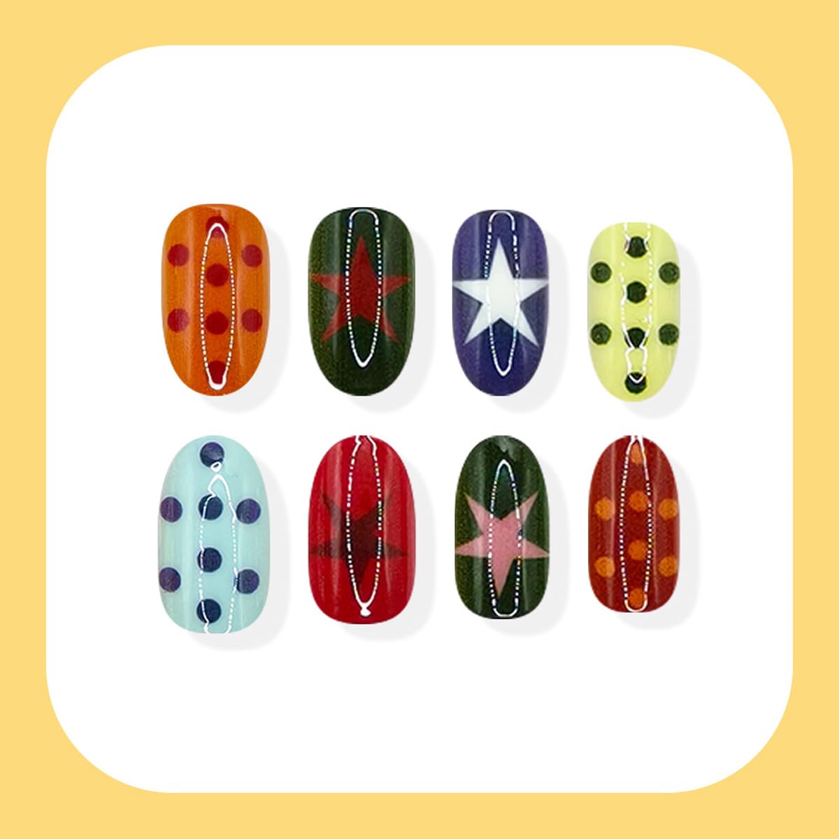 Oval Press on Nails Short, Colorful Star & Polka Dot Fake Nails Y2K Retro Style, Multicolor Full Cover Acrylic False Nails press ons for Women Girls, Cute Mix & Match Design 24Pcs