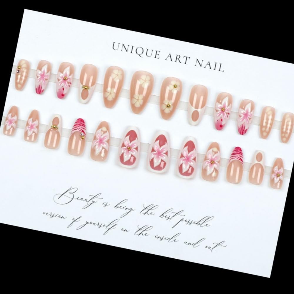 French Tips Press on Nails Medium Almond Fake Nails with 5D Flower Charm Design Glossy Ombre Pink Nails Press on Reusable Rhinestones False Nail Spring Summer Nail for Women Manicure 24Pcs