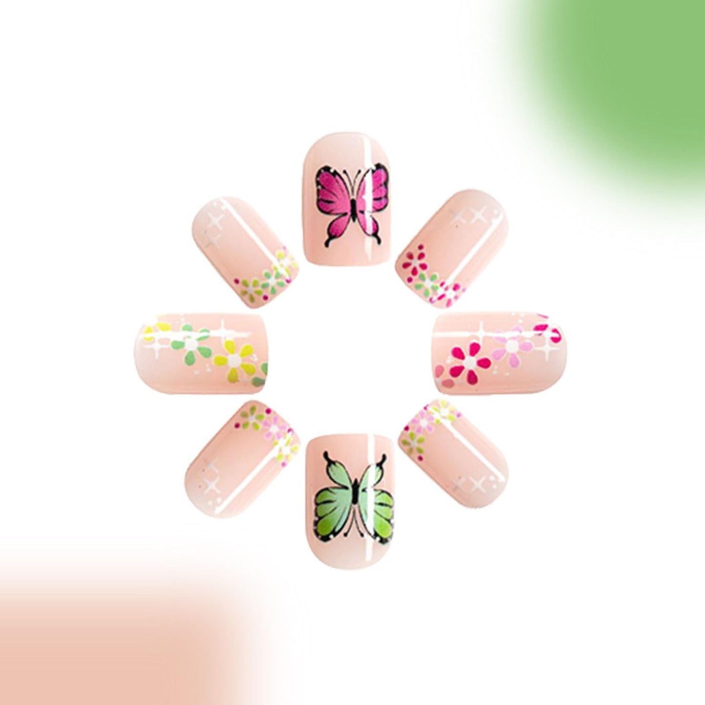 Square Press on Nails Short Fake Nails with Colorful Flower Butterfly Designs Green French Nails Press ons Glossy Glue on Nails Spring Summer False Nails Nude Stick on Nails for Women 24Pcs