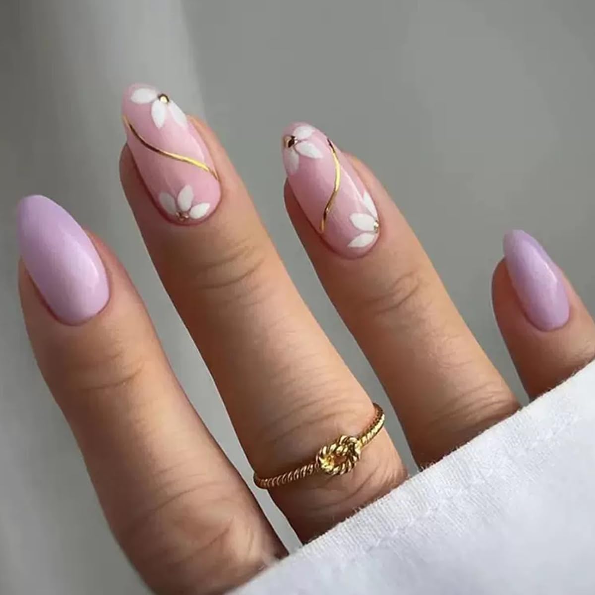 6 Packs (144 Pcs) Flower Press on Nails Medium Almond Fake Nails French Tip False Nails with Designs Spring Summer Floral Glue on Nail Full Cover Glossy Acrylic Stick on Nail for Women Manicure