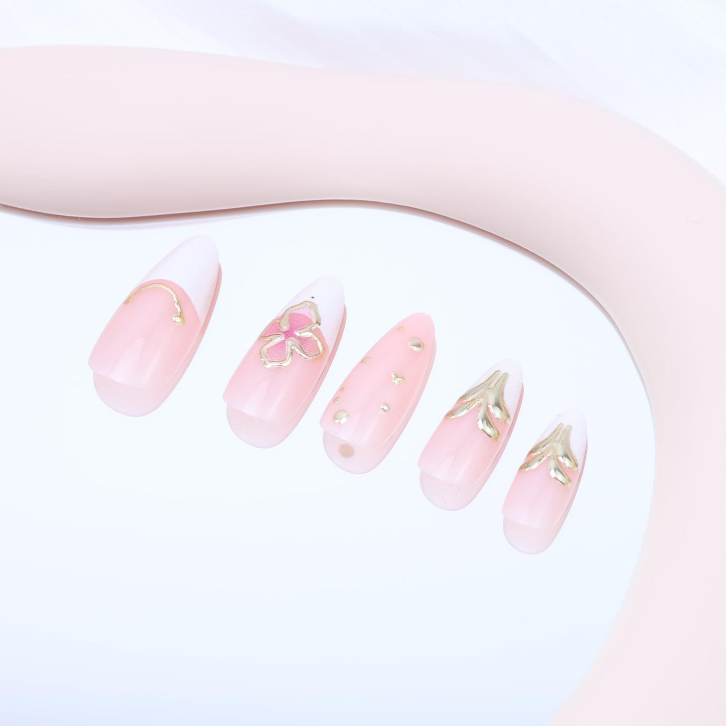 3D Cute Flowers Press on Nails Medium Almond Press on White French Tip Fake Nails Gold Edge False Nails with Pearls Designs Stick on Nails Glossy Glue on Nails for Women Nails Decor Accessories 24Pcs
