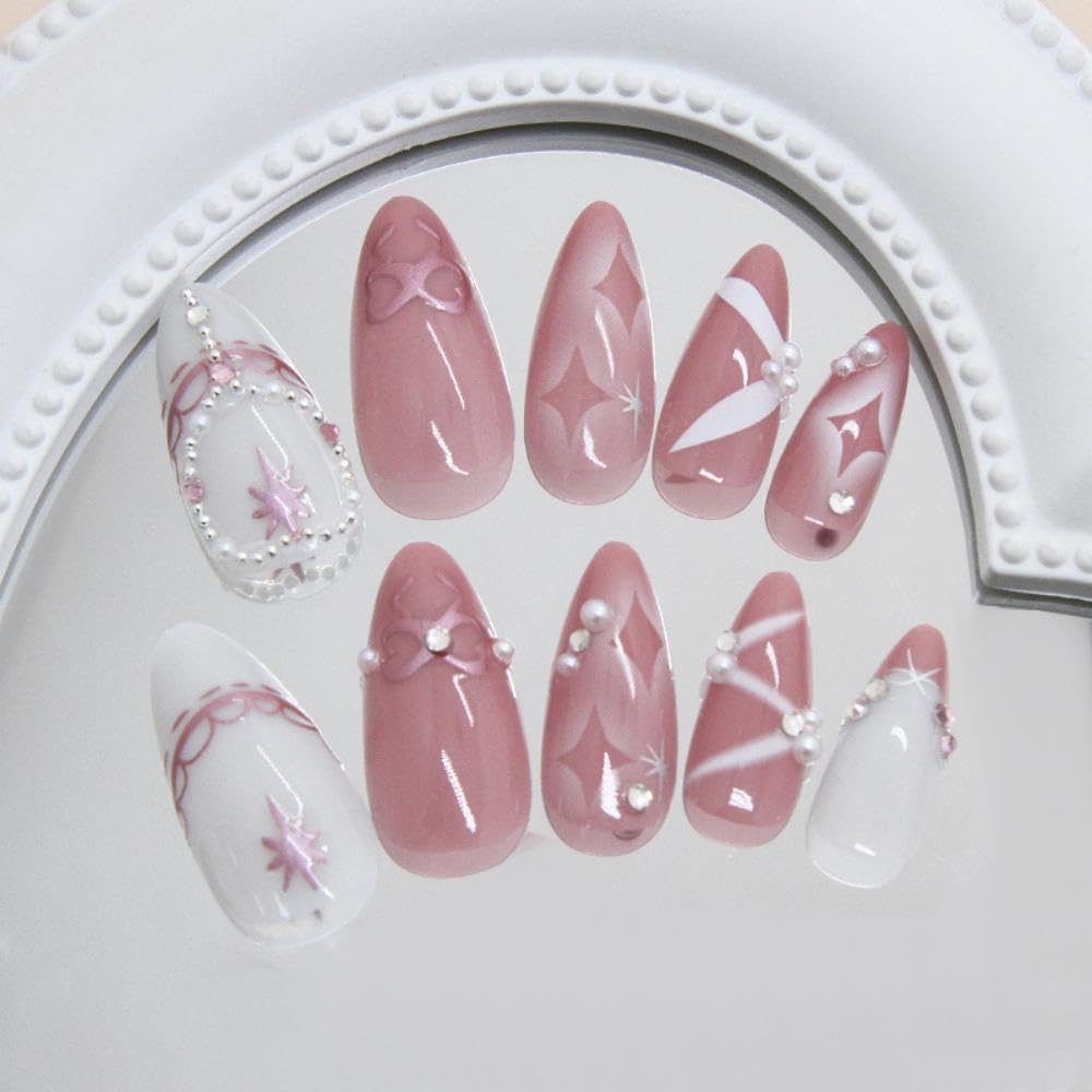 Pink Press on Nails Medium Almond False Nails with 5D Pearl Star Design White Lines Stick on Nails Glossy Full Cover White Glue on Nail Rhinestones Fake Nail for Women Girls Manicure 24Pcs
