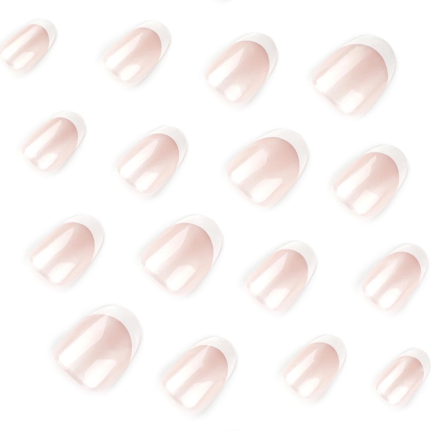 Mivota Oval French Press On Nails Short, White Tip Fake Nails with Sheer Pearl Base, Glossy Reusable Glue On Nails, Elegant French Manicure Stick On Nails for Women, 24 Pcs