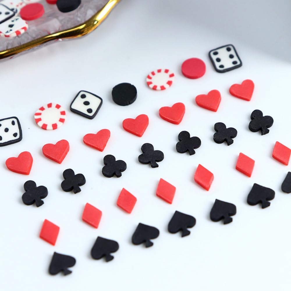 1 Box Holographic Poker Nail Charms Red Black White Peach Hearts Nail Sequins 3D Dice Nail Flakes Sparkly Powder Flakes Shiny Nail Glitter Playing Card Nail Sequins Glitter for Nails Art 6 Grids