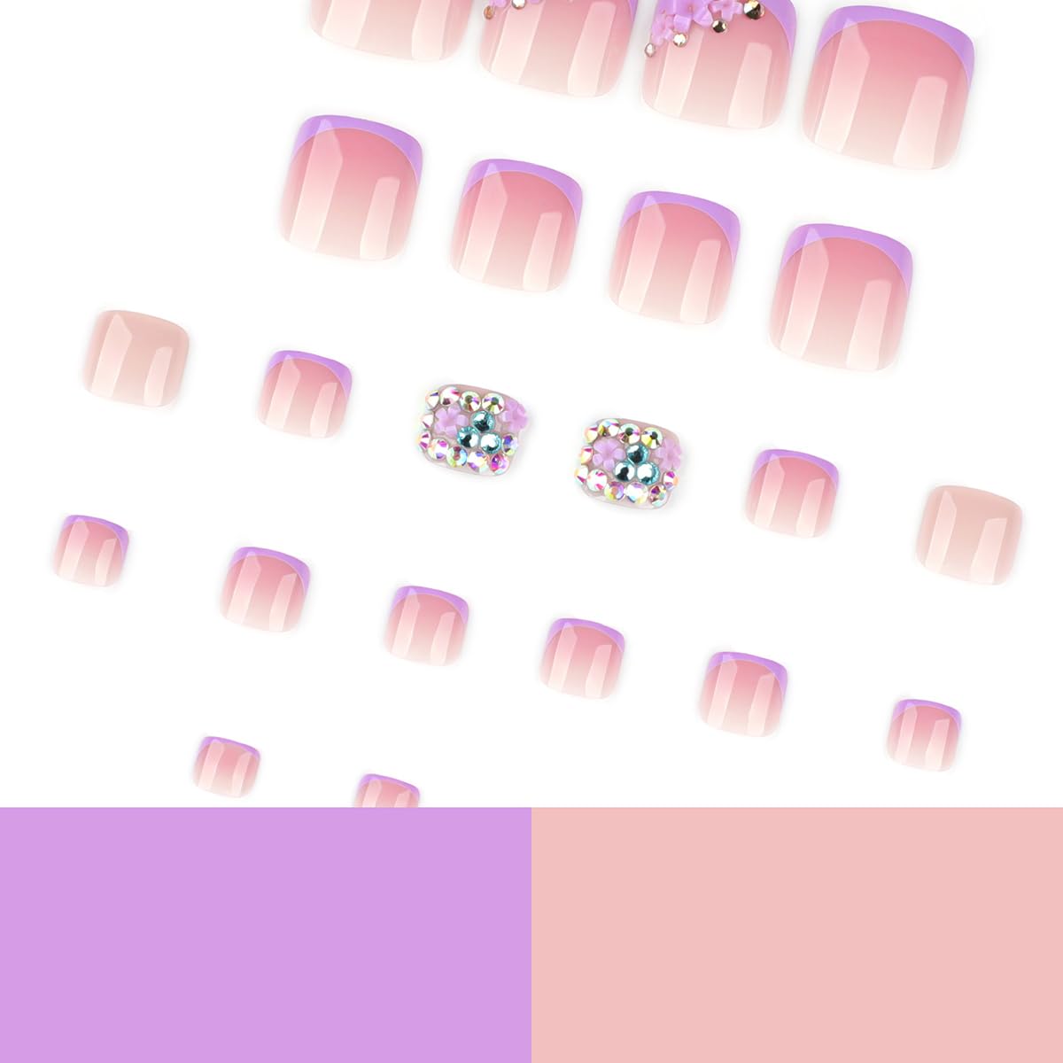 yefiuo Handmade Press on Toenails Purple French Toe Press on Nails Tips Kit Fake Toe Nails Press ons False Toenails Flower Rhinestones Acrylic Glue on Nails Stick on Nail for Women Nail Supplies 24Pcs