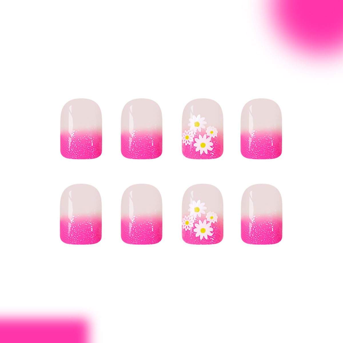 24Pcs Pink Ombre Press on Nails Short Square Spring Flower Fake Nails with Small Daisies Designs Nude Nails Press ons Glossy Full Cover Glue on Nails Reusable Stick on Nails for Women Manicure