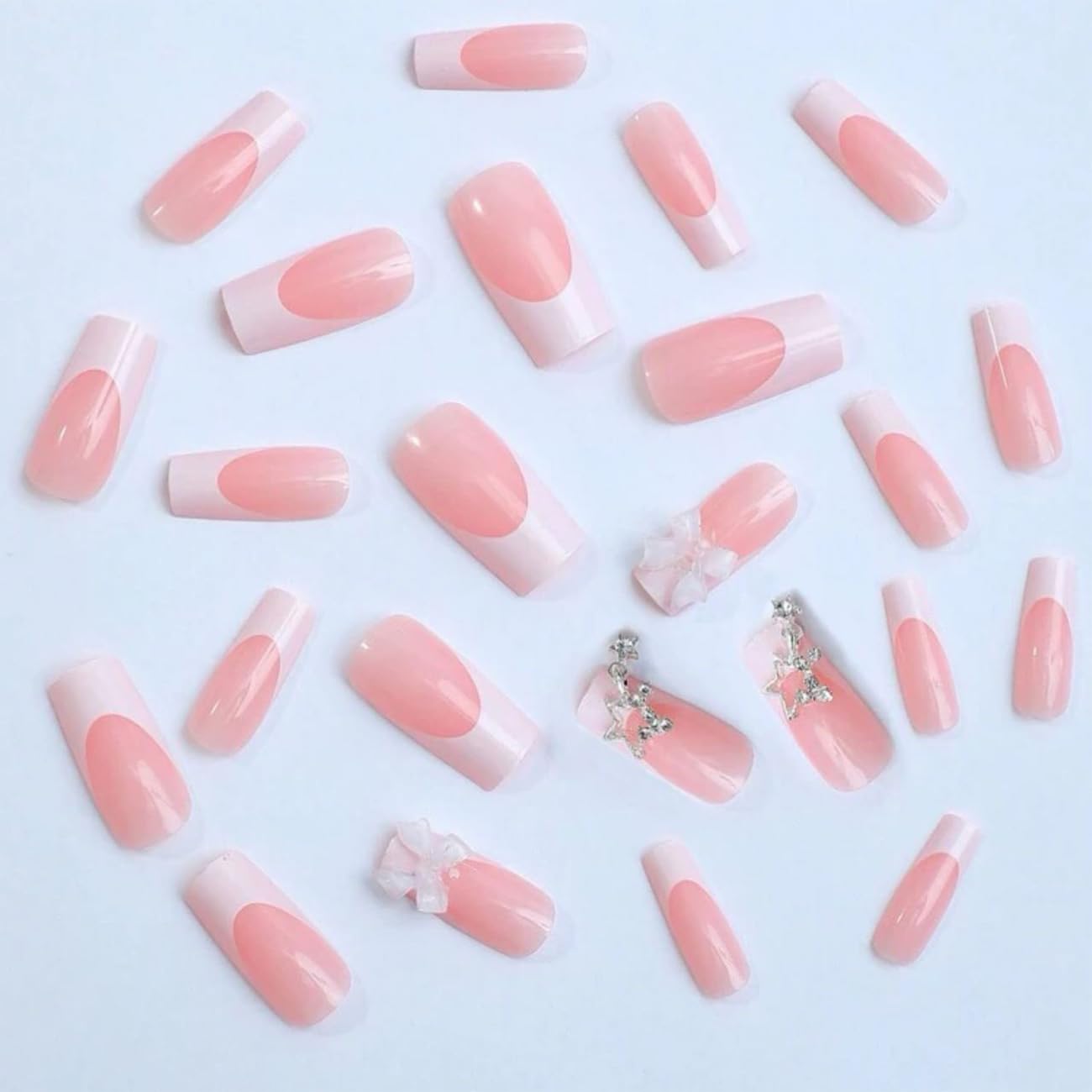 Medium Square Shaped Press on Nails White French Tip Fake Nails 3D Bow Star Design Nude Color French Nail Tips Almond Shape Press ons Cute Bow Stick on Nails for Women Daily Wear 24Pcs