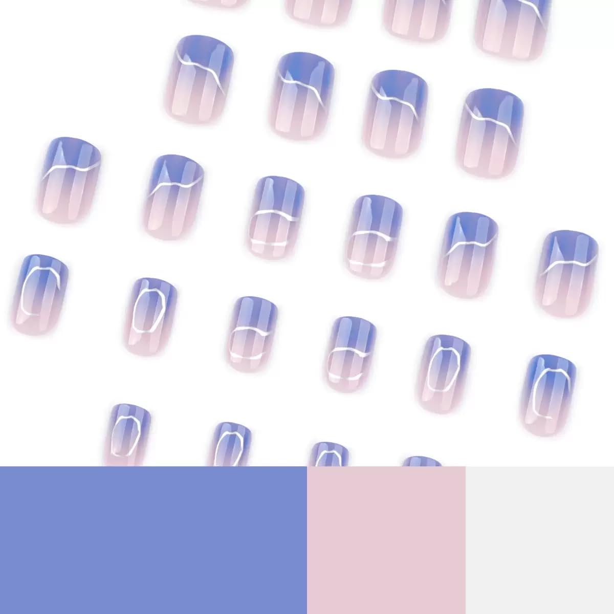 CTTHNBD Press on Nails Short - Square Fake Nails with Silver Irragular Design - Blue Ombre False Nails Press ons - for Women 24 Pcs