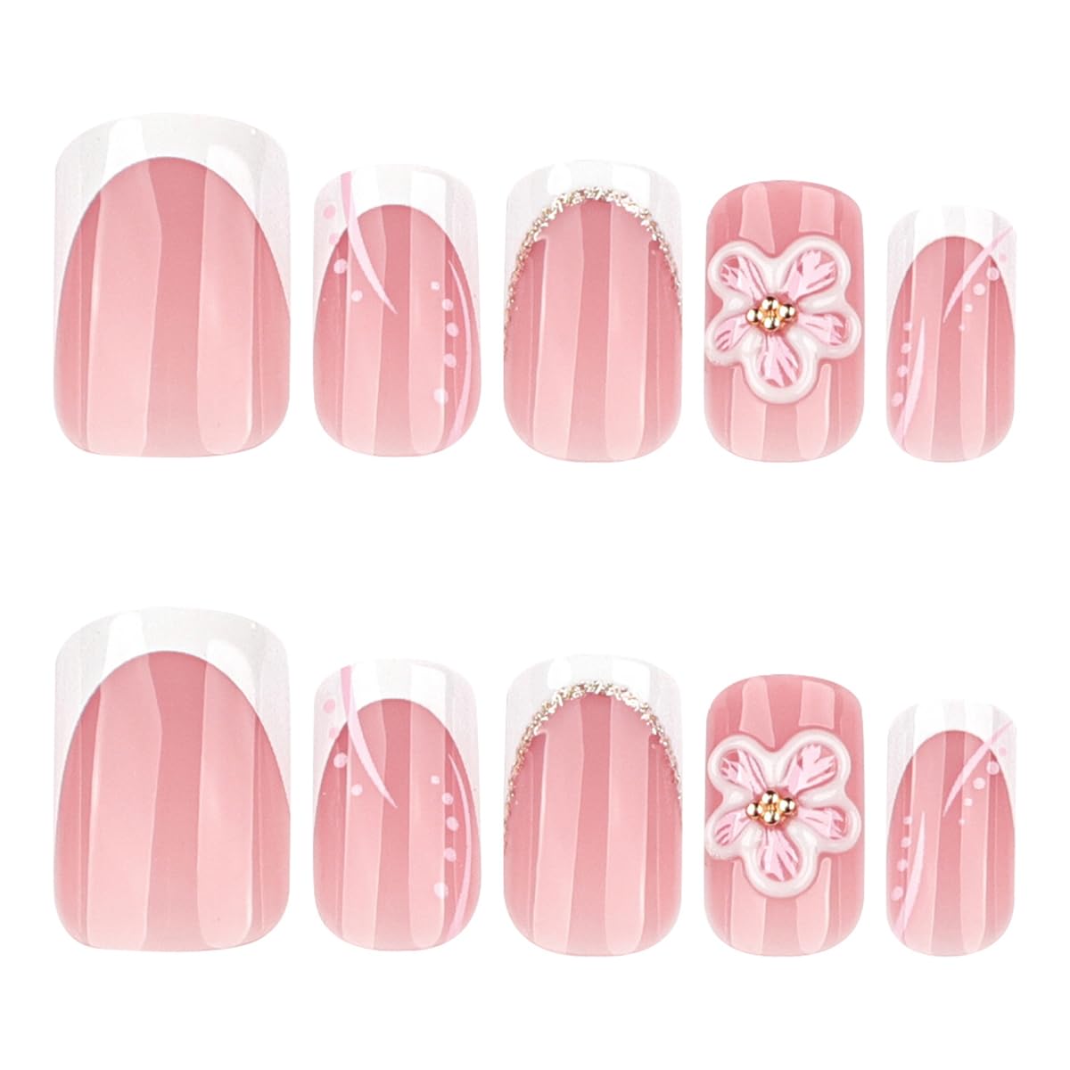 White French Tip Press on Nails Short Square Fake Nails with 3D Flower Design Nude Base False Nails Press ons Acrylic Glossy Cute Glue on Nails for Women Girls Manicure 24Pcs