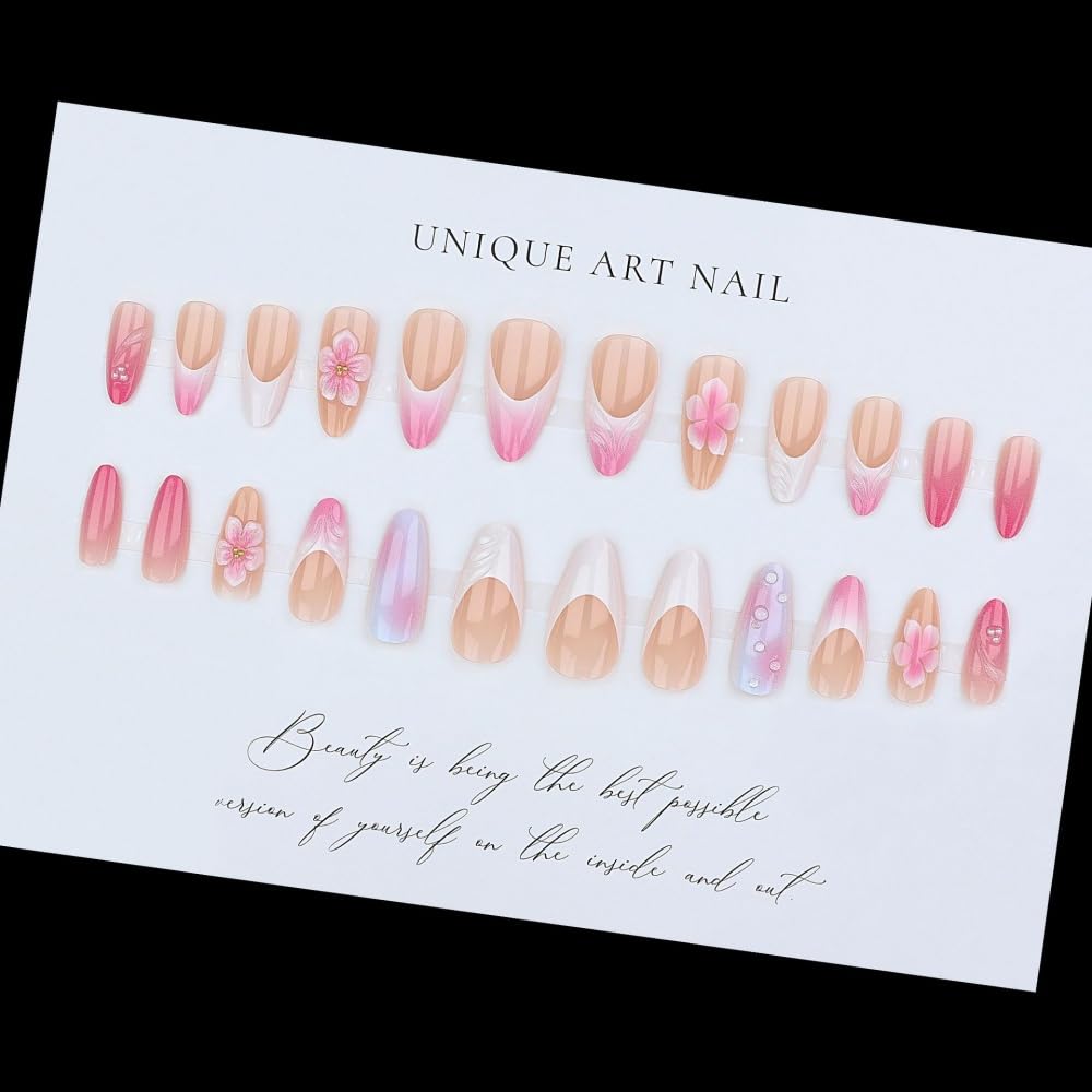 Pink Press on Nails Medium Almond Fake Nails with 5D Flower Design Glossy Ombre Pink Glue on Nail Water Ripple French Tips Nails Press ons Reusable Pearl Acrylic Nail for Women Manicure 24Pcs