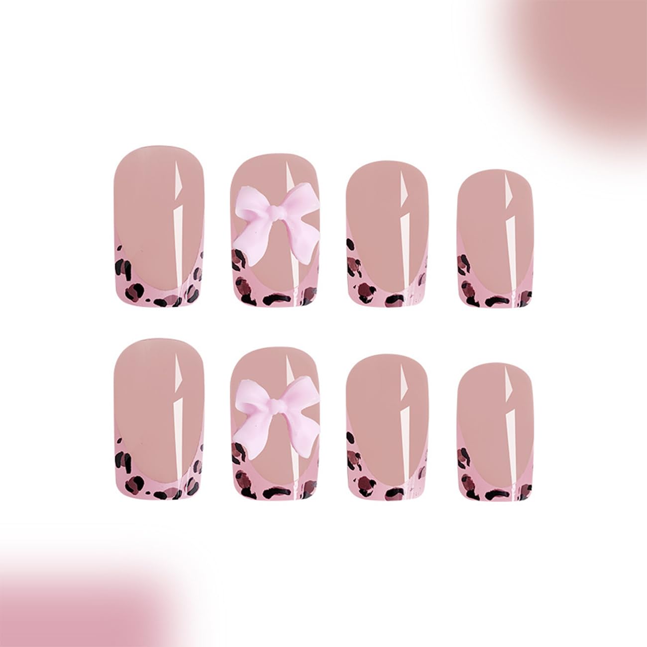24Pcs Leopard French Tip Press on Nails Short Square Fake Nails Pink Glossy Bow Designs Full Cover Nude Glue on Nails Cute False Nail Stick on Nail for Women Girls Medium Manicure Decorations