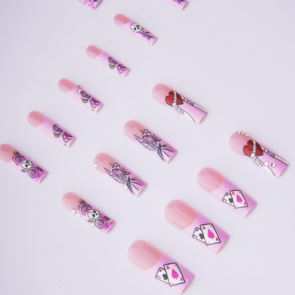 24Pcs Pink French Tip Press on Nails Long Coffin Fake Nails with Hand-drawn Koi Rose Skull Design Y2K Glue on Nails Manga Style False Nails Handmade Full Cover Stick on Nails for Women Manicure Decor