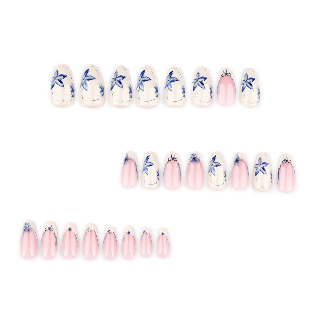Short Almond Press on Nails - Blue Porcelain Flower & White French Tip with Bow, Full Cover Glossy Fake Nails 24PCS for Women