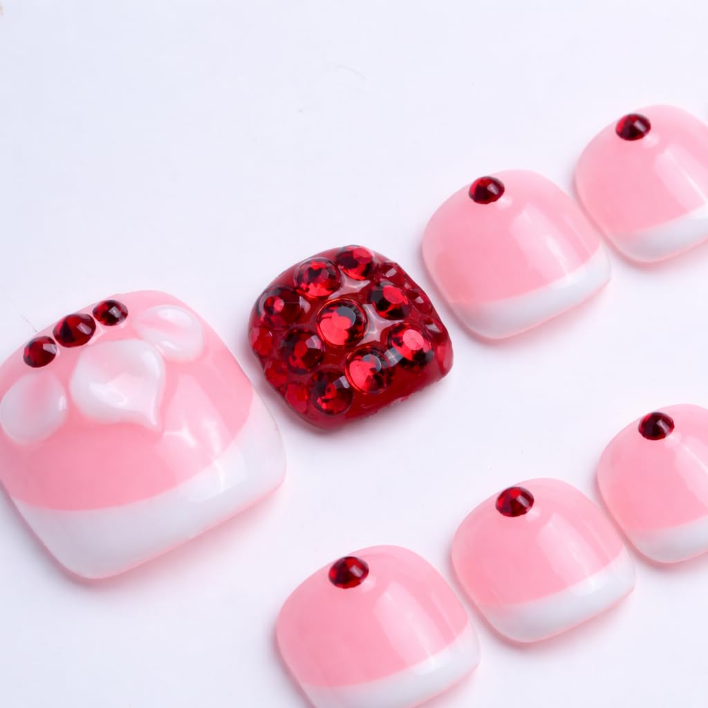 IntoVibes 10 Pieces Handmade Luxury Press On Toenails With Petal And Rde Bling Rhinestones, Full Cover, Press On Nails Stick On Toe Nails For Women Manicure, Acrylic Fake Toe Nails (L)