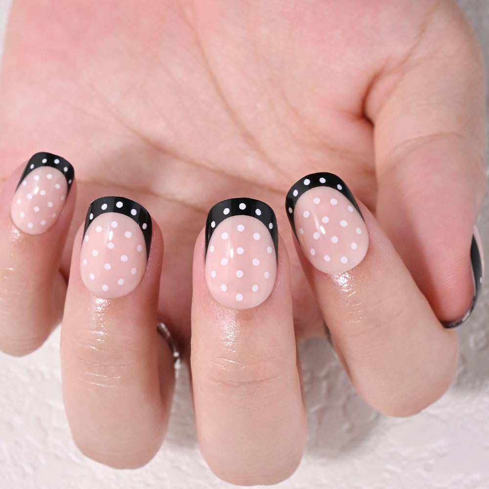 XZMeiLun Glossy Black Polka Dot French Tips Press On Nails Short Round – Salon-Quality Acrylic Fake Nails, Reusable Stick-Ons, Cute Mini DIY Kit | Spring Summer Nail & Girlss for Women & Daily/Party