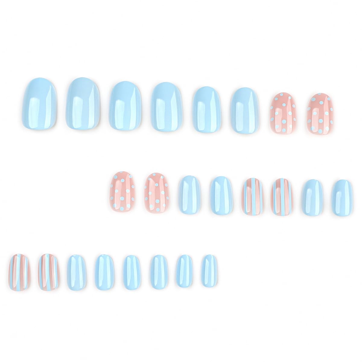 QUNQINLI Blue Press on Nails Short Oval Fake Nails Press ons Nail Art Tips Kit with Polka Dot Stripes Design Nude False Nails Full Cover Glossy Glue on Nails Stick on Nail for Women Manicure 24 Pcs