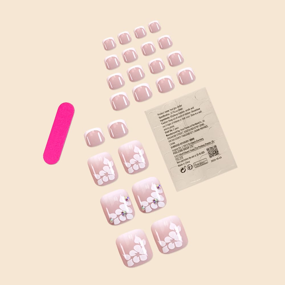 Ombre Press on Toenails Flower Fake Toenails French Tips False Toenails with Rhinestone Designs Glue on Toenail Floral Full Cover Reusable Nude Acrylic Toenail Press ons for Women Manicure 24Pcs