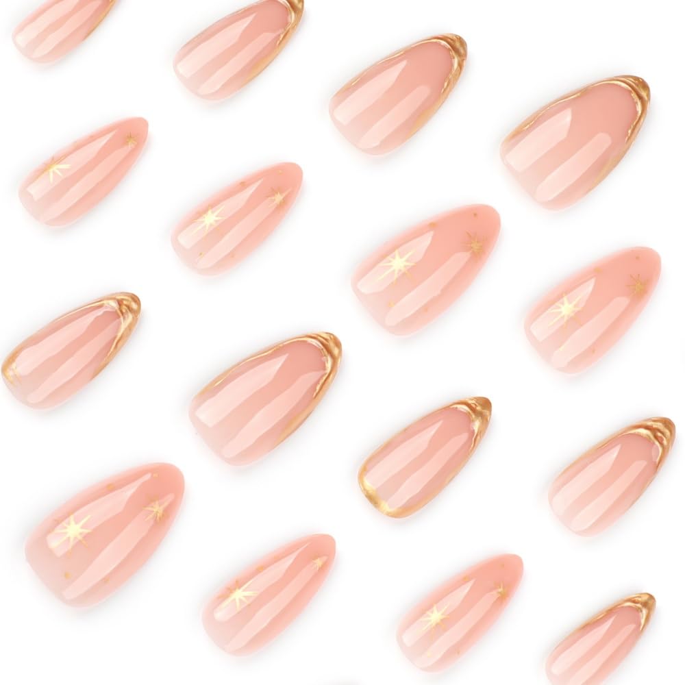 Gold Press on Nails French Tip Fake Nails Almond False Nails Press ons with Gold Line Design Stick on Nails Acrylic Glue on Nails for Women Manicure 24Pcs
