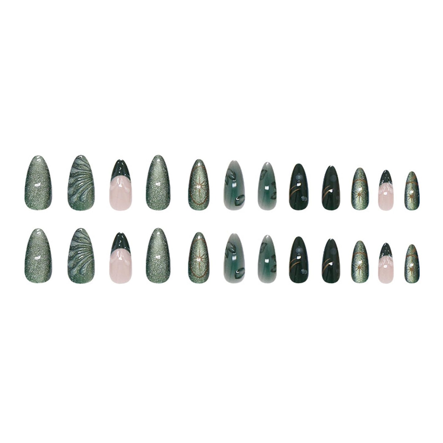24Pcs Green Press on Nails Medium Almond Fake Nails with Green Ripple French Cat Eye Design Handmade Stick on Nails Glitter Full Cover Artificial Nails for Women DIY Manicure Daily Wear