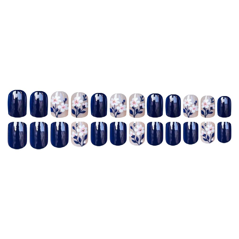 Flower Press on Nails Short Square Fake Nails Daisy Floral Full Cover False Nails, Blue Spring Glue on Nails Glossy Reusable Acrylic Stick on Nails for Women Nails Kit 24Pcs