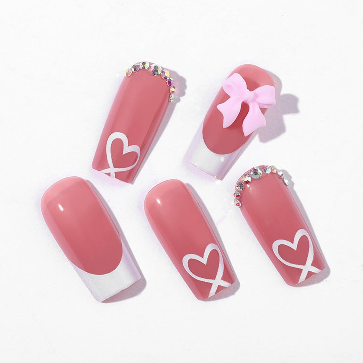 YKZFUI French Tip Press on Nails with Charms, Medium, Cute Bow, Long Square Shape, Acrylic Fake Stick On Nails with Heart and Rhinestones for Women Daily Wear, White