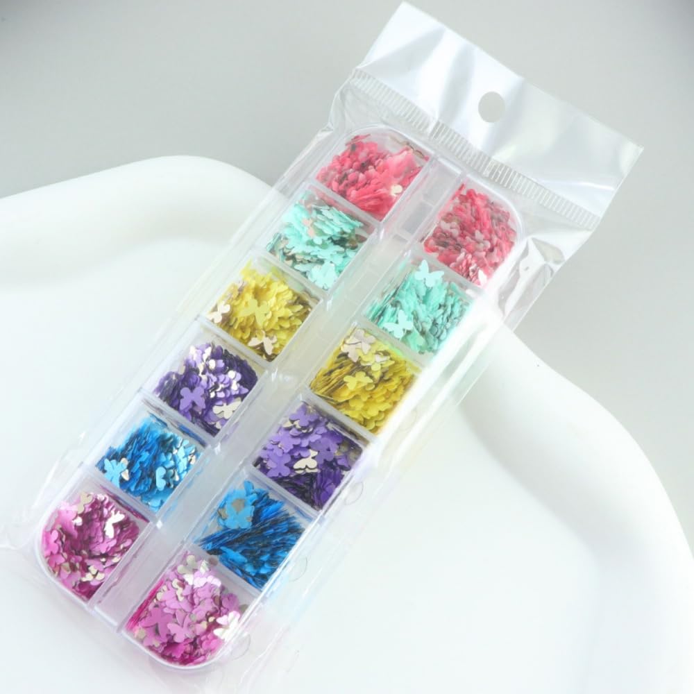 1 Box 6 Color Holographic Butterfly Nail Glitter Laser Pink Nail Sequins 3D Blue Yellow Nail Flakes Sparkly Powder Flakes Shiny Nail Glitter Colorful Nail Sequins Glitter for Nails Art 12 Grids
