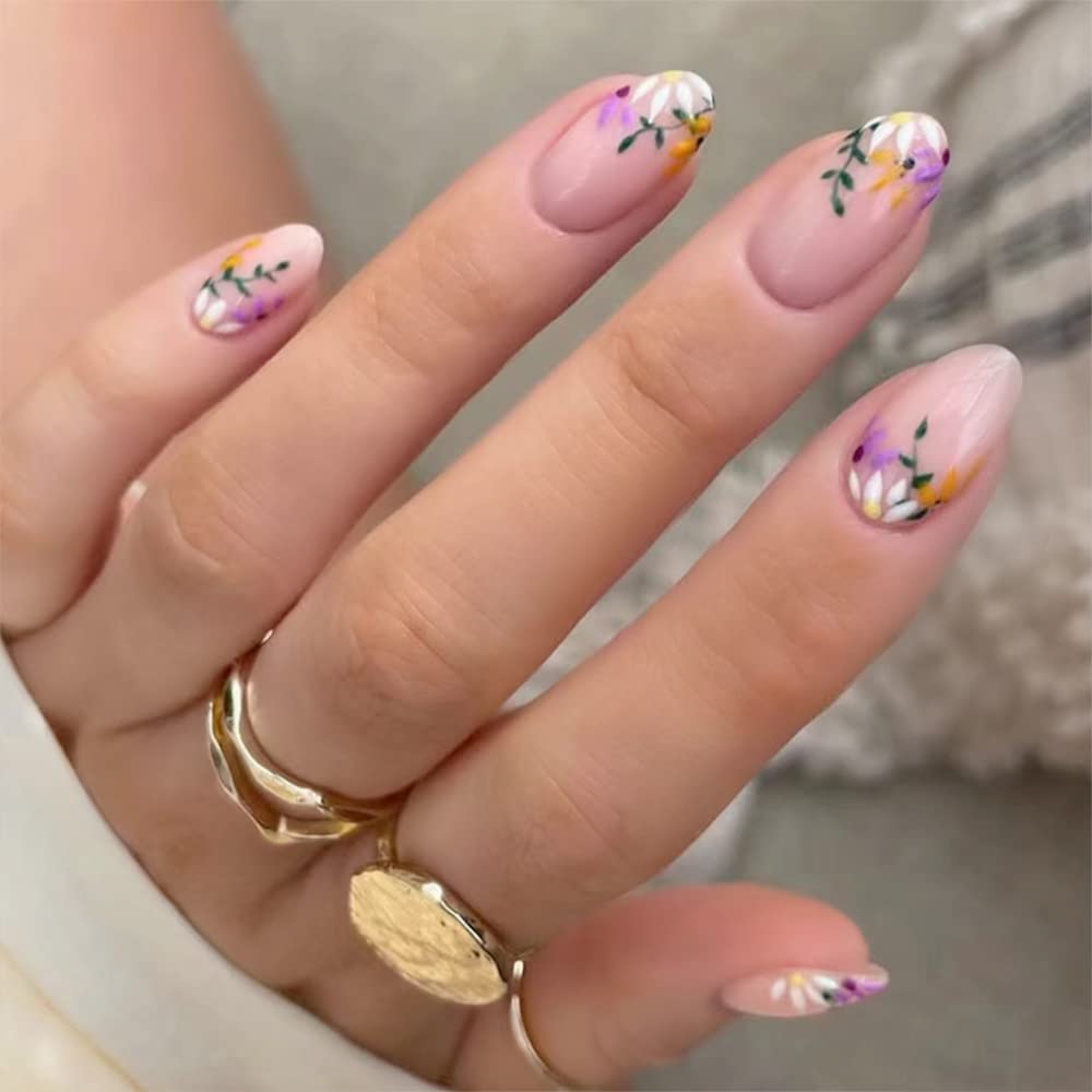 24 Pcs Press on Nails Medium,Lucoffeoi Almond Fake Nails with Nail Glue Almond and Square on Nails Set with Adhesive Tabs File Nails Tips for Women Girls Kids