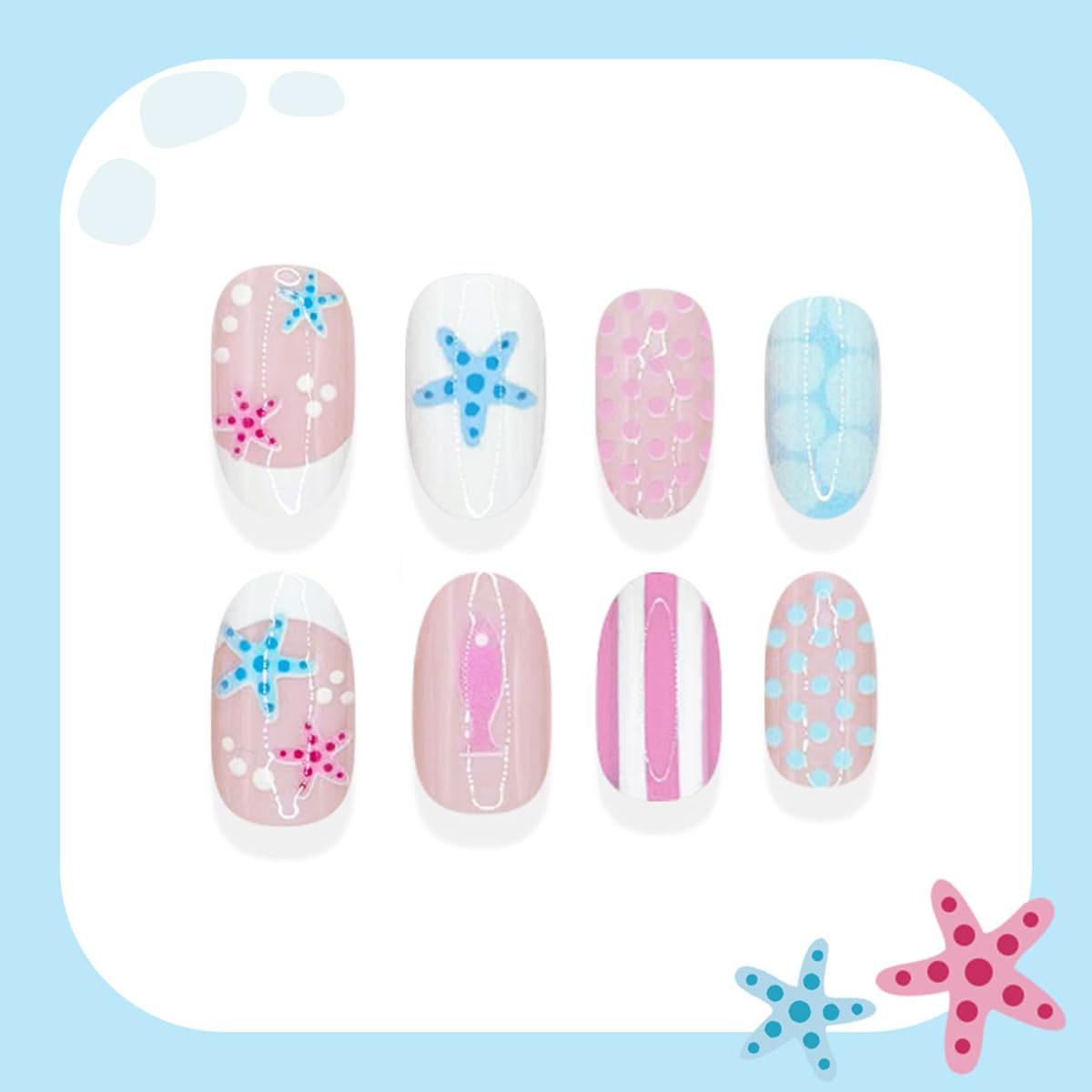 24 Pcs Pink Blue Press on Nails Short Oval WLGDLH French Tip Fake Nails, Summer False Nails Press ons with Polka Dot Starfish Striped Design, Nude Base Glue on Nails for Women Manicure, Glossy Finish