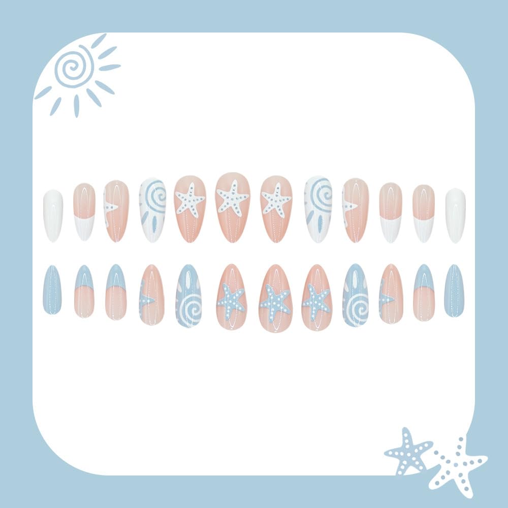 QUNQINLI Medium Almond French Tip Press on Nails Summer Fake Nails Press ons Nail Tips Kit with Sun Starfish Design Blue White False Nails Full Cover Nude Glossy Glue on Nails for Women 24 Pcs