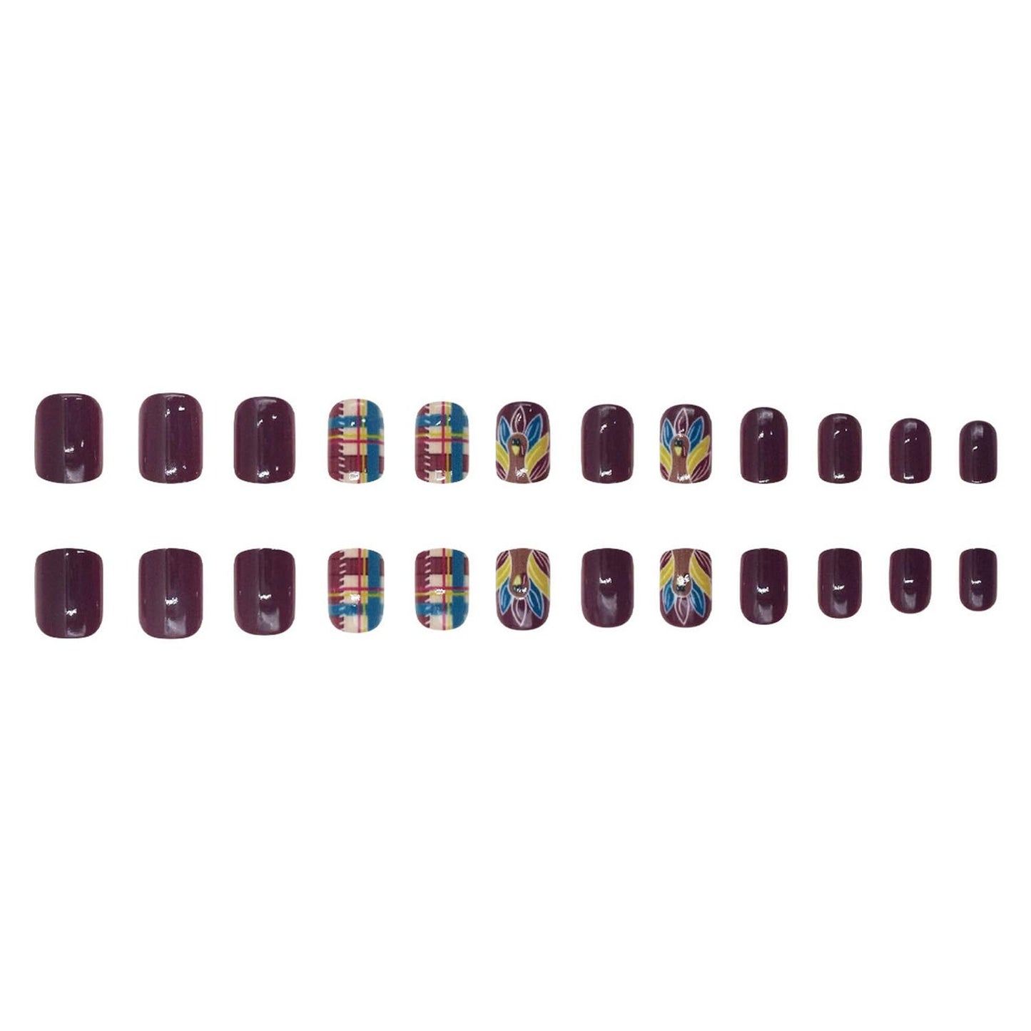 24pcs Thanksgiving Press on Nails Short Square Fake Nails Full Cover Brown False Nails with Stripe Grid designs Turkey Fall Glue on Nails Glossy Reusable Cute Acrylic Press ones for Women Girls Autumn