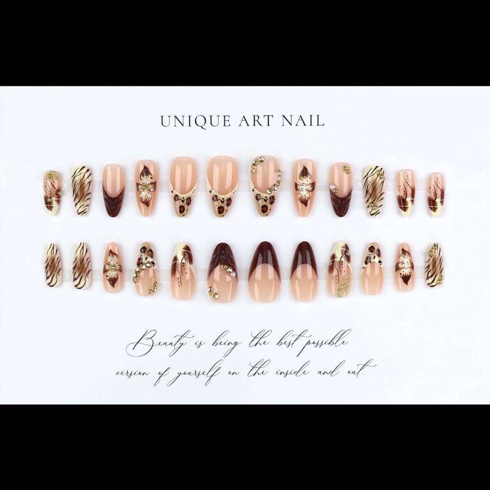 French Tips Press on Nails Medium Almond Nails Press on with 5D Flower Charm Design Glossy Brown Leopard Prints Glue on Nails Pearls Rhinestones Fake Nail Fall Winter Nail for Women Manicure 24Pcs