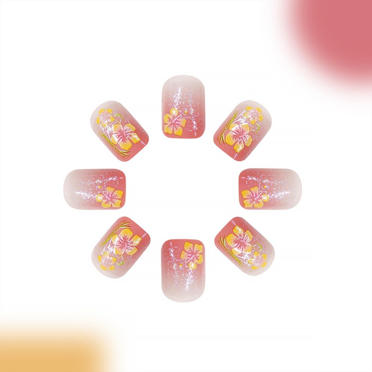 24Pcs Pink French Tip Press on Nails Short Square Fake Nails Yellow Flower Design Spring Summer False Nails Full Cover Artificial Glue on Nails Cute False Nails Stick on Nails for Women Nail Supplies