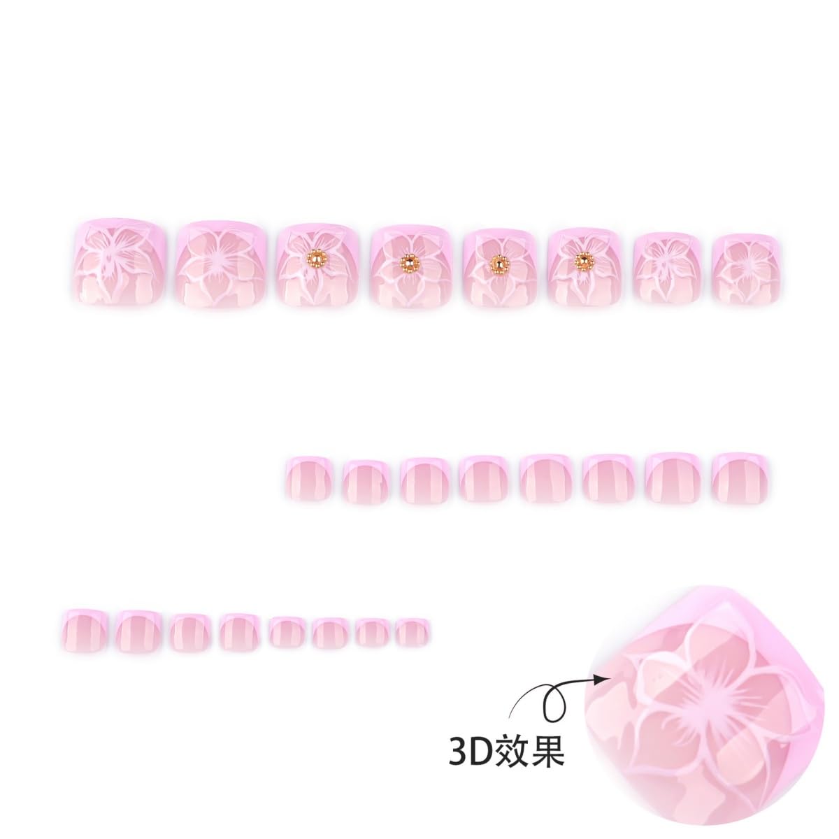 Pink Press on Toenails Short Square French Tips Fake Toe Nails Nude Flower Designs False Toe nails Full Cover Glue on Toenails Summer Floral Glossy Acrylic Toe Nails for Women DIY Manicure 24Pcs
