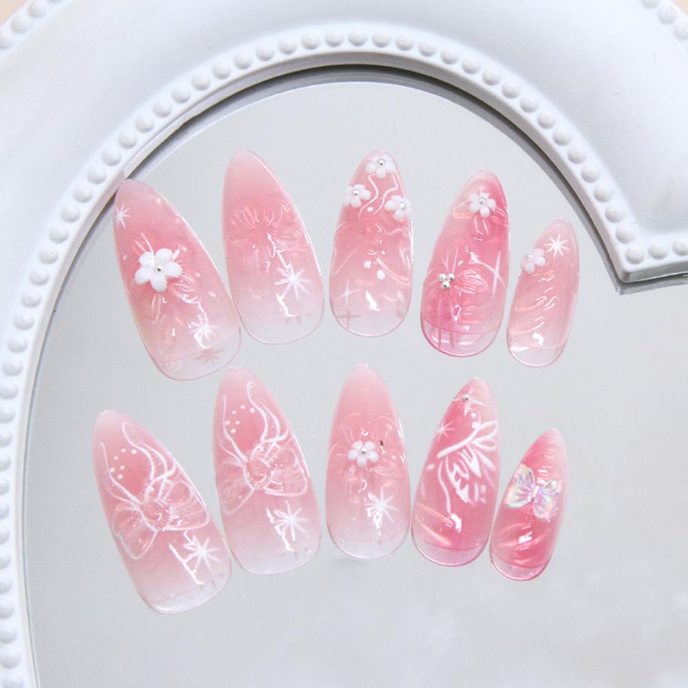 24 Pcs Clear Pink Press on Nails Short Almond,MINGCHUN Summer Fake Nails Press ons Acrylic Nail Art Tips Kit Full Cover False Nails Glue on Nails with 3D Flowers Butterfly Bow Design for Women
