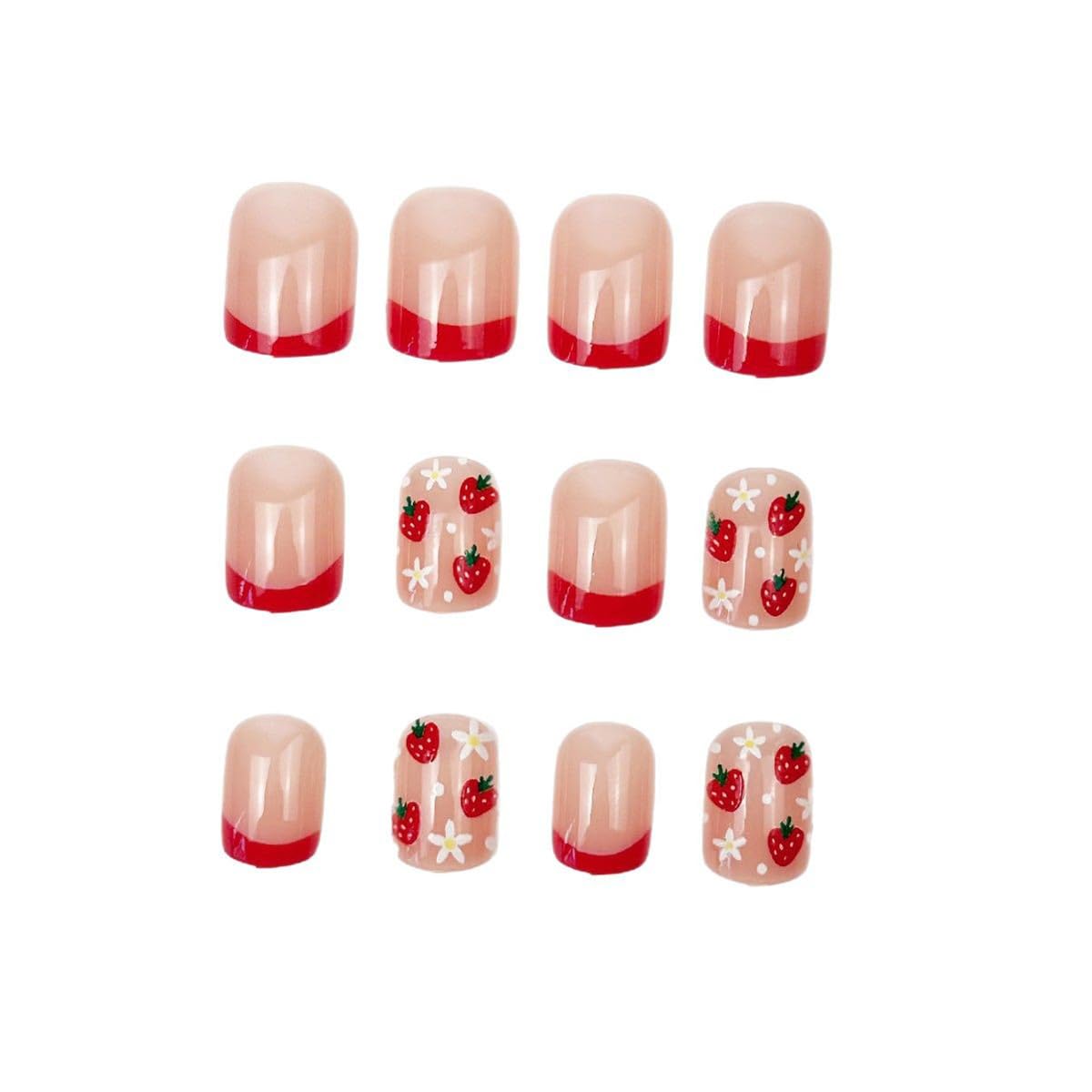 Short Square Press on Nails Red French Tip Fake Nails with Strawberry & Floral Design Nude Pink Glossy False Nails Reusable Full Cover Glue on Nails for Women Manicure Kit 24Pcs