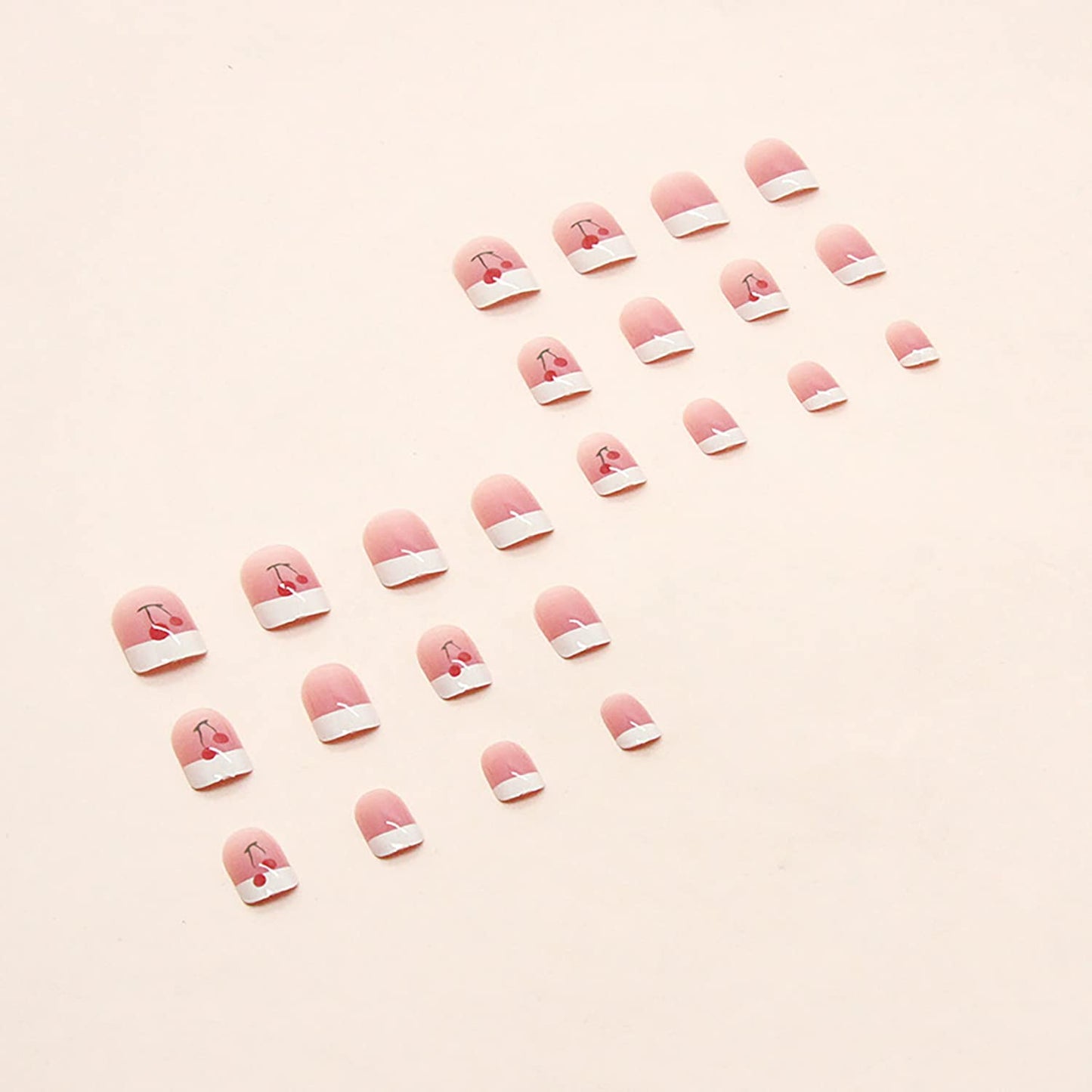 Press on Nails French Tips Short Square Full Cover Reusable False Nails Kits Glue on Nails with Cherry Designs Artificial Glossy Fingernails Acrylic Fake Nails for Women Stick on Nails Coffin Shape
