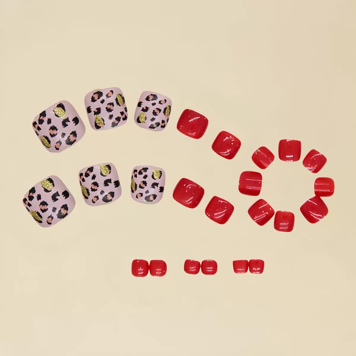 CTTHNBD Press on Toenails - Short Square Fake Toenails with Leopard Print Design - Glossy, Red Press on Toe Nails for Women 24 Pcs