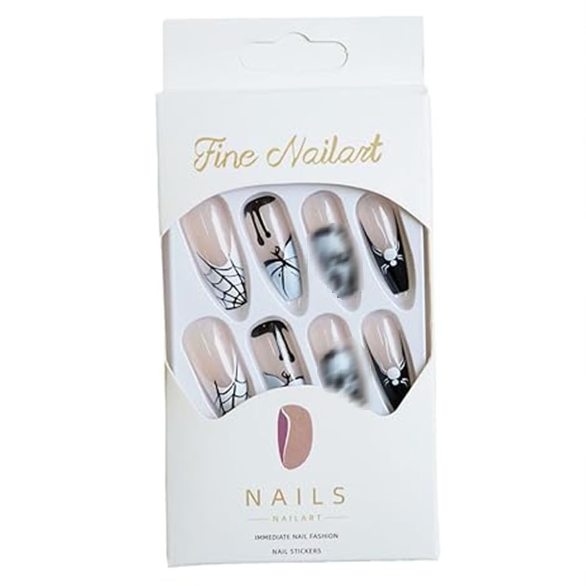 Halloween Press on Nails Long Coffin Fake Nails with Designs Spider Cobweb Ghost Pumpkin Glue on Nails Black French Tip False Nail Stick on Nail for Women Girls 24Pcs